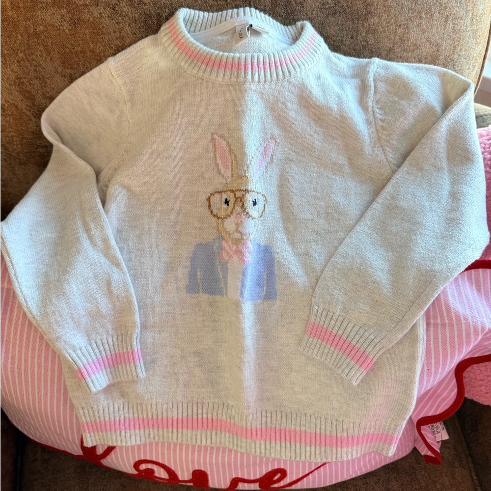 Janie and Jack Cream Bunny Sweater with Pink Stripes 3T